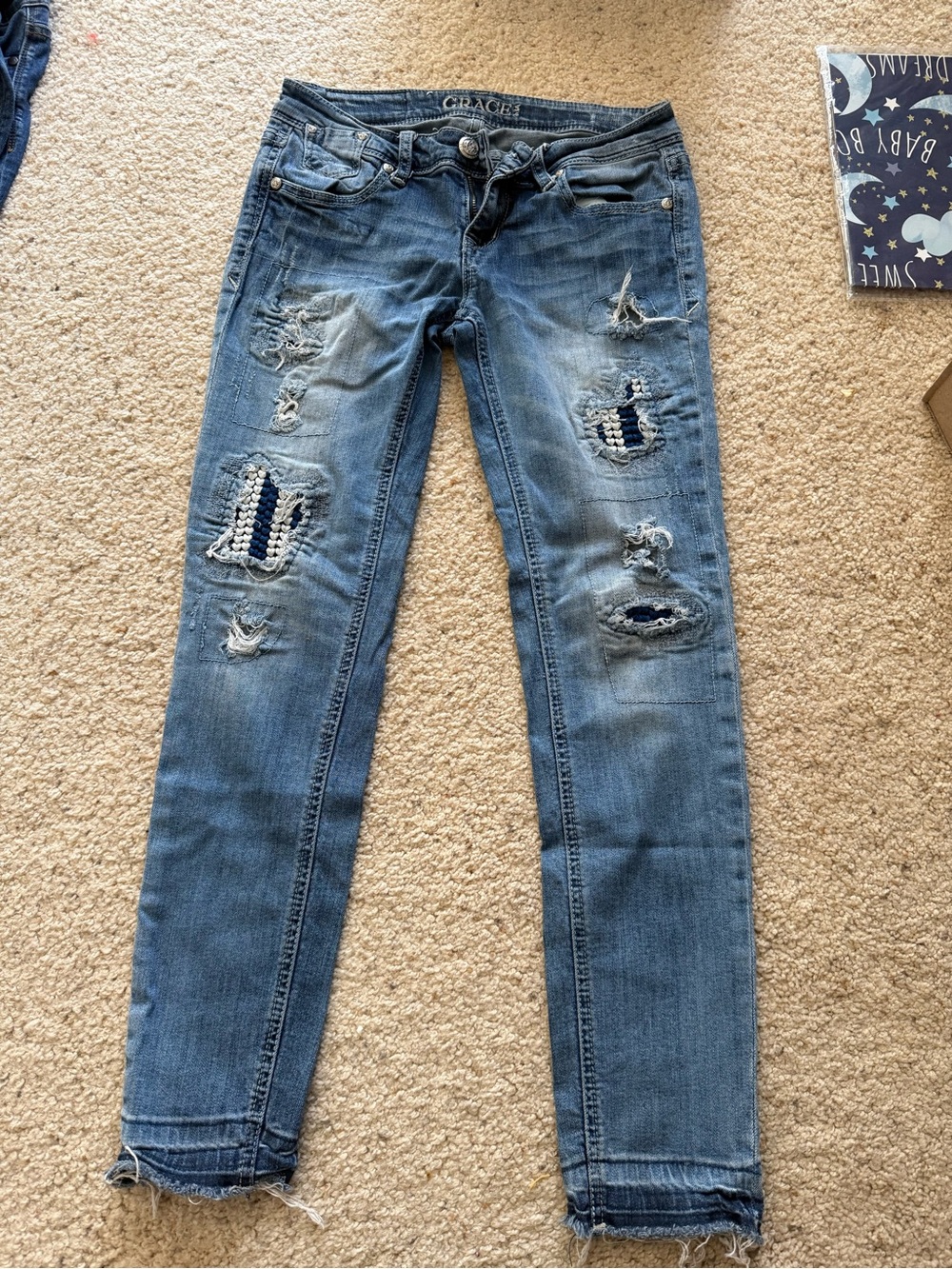 Grace in LA Skinny Ripped Jeans in Blue with Patch Detail